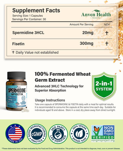 Spermidine & Fisetin Supplement – 20mg Spermidine + 300mg Fisetin, 90 Vegetable Capsules