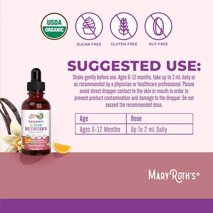 MARYRUTH'S Organics Multivitamin with Iron for Babies | USDA Organic | Liquid Drops for Infants 6–12 Months | Immune Support | Vegan | Non-GMO | Gluten-free | 60 ml
