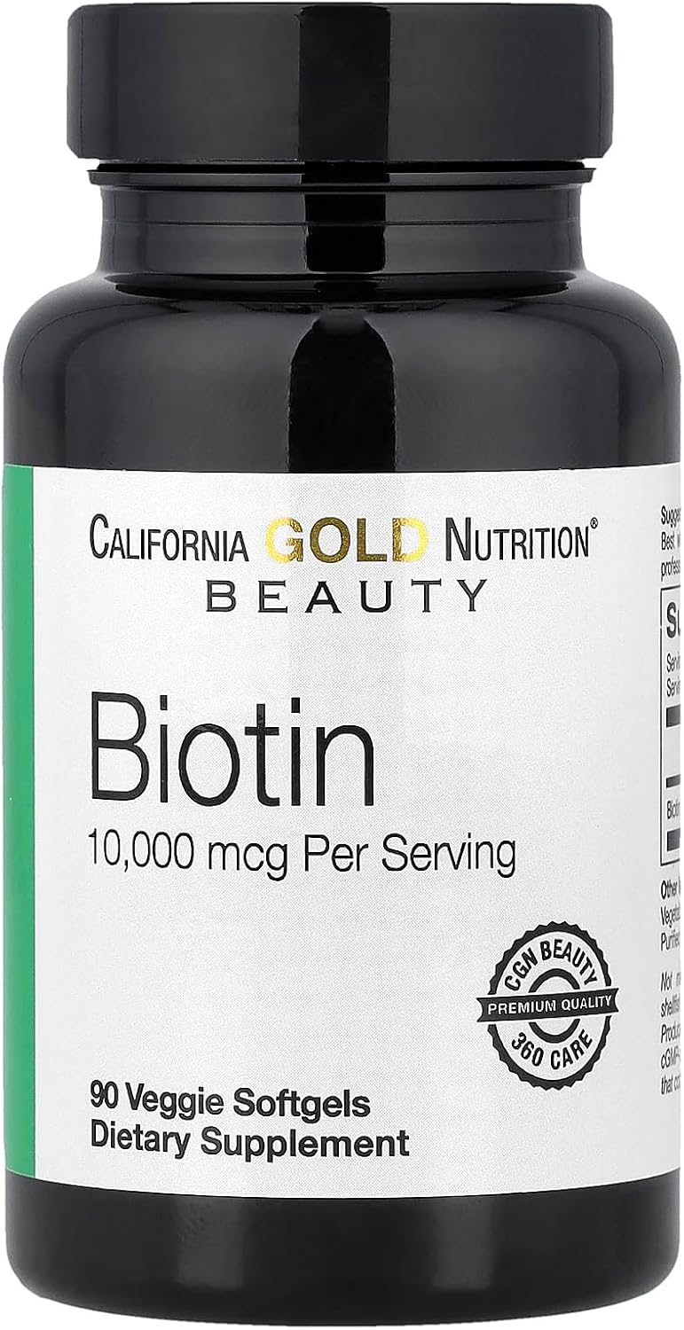 California Gold Nutrition Biotin, 10,000 mcg d-Biotin, for Healthy Hair, Nails and Skin, Non GMO, Suitable for Vegetarians, Gluten-free, 90 Veggie Softgels - görsel 1