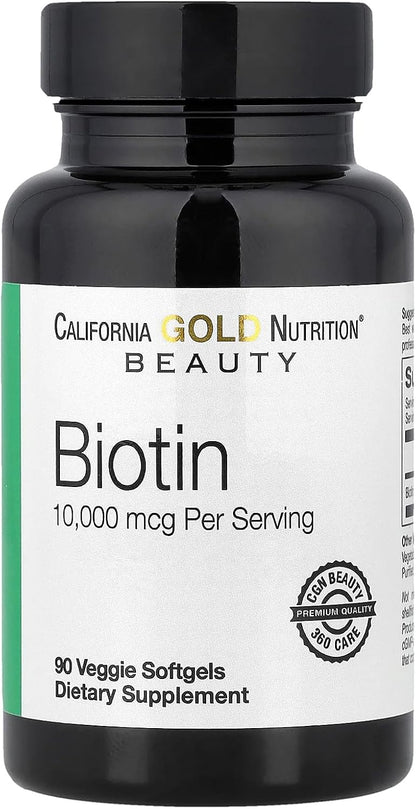 California Gold Nutrition Biotin, 10,000 mcg d-Biotin, for Healthy Hair, Nails and Skin, Non GMO, Suitable for Vegetarians, Gluten-free, 90 Veggie Softgels