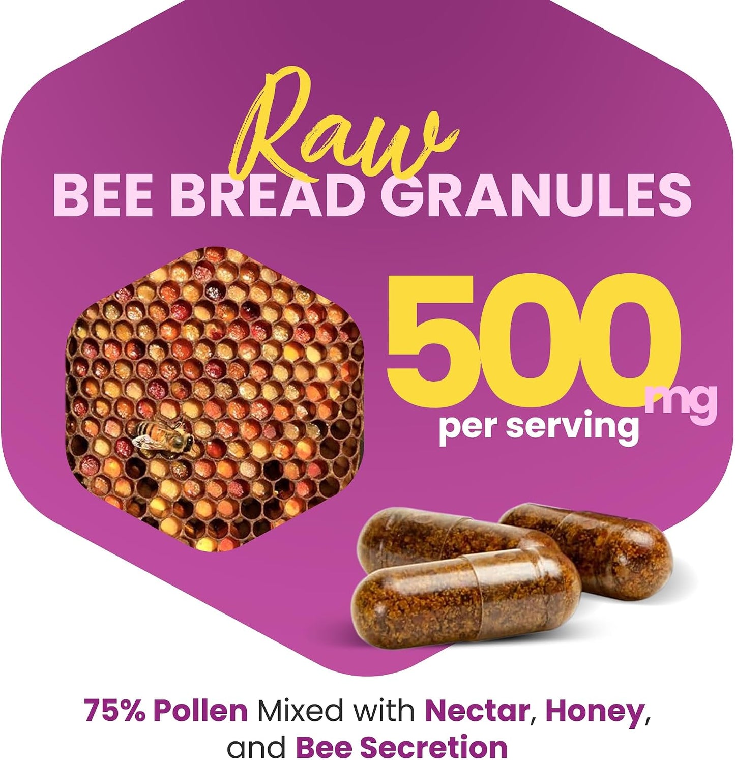 HONEYBEEZONE Bee Bread Capsules – Nutrient-Rich Superfood for Energy Boost, Immune Support Supplement | Non-GM, Gluten-Free, 60 Veggie Capsules - görsel 2