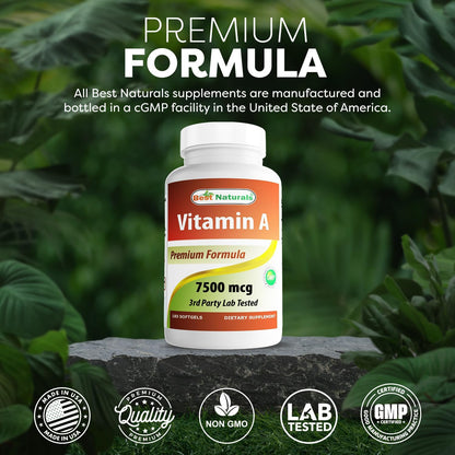 Best Naturals Vitamin A 25,000 IU (7,500 mcg), Non-GMO, 180 Softgels