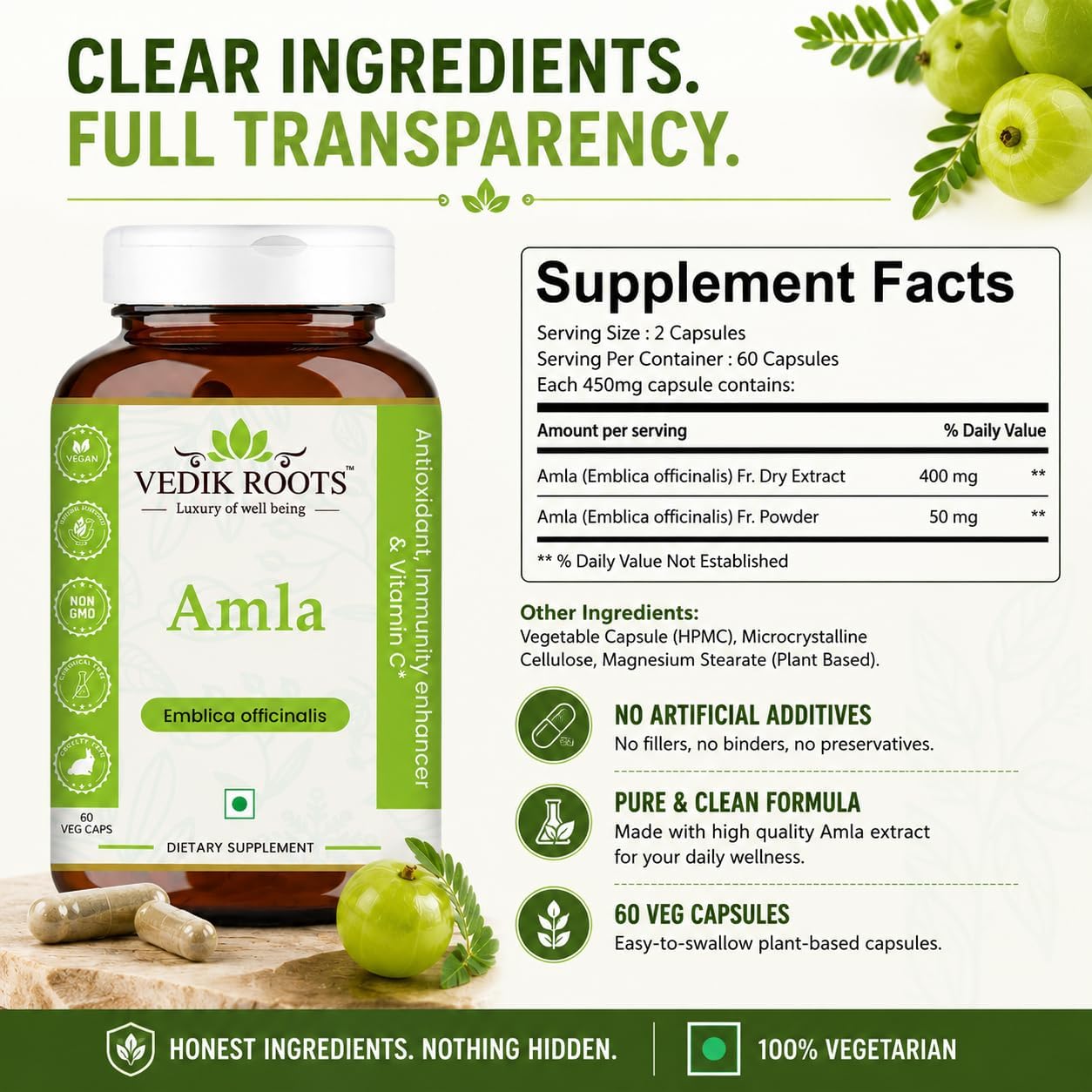 VEDIKROOTS Organic Amla Capsules – Natural Vitamin C Supplement for Immune & Hair Health (60 Capsules, Pack of 2) - görsel 4