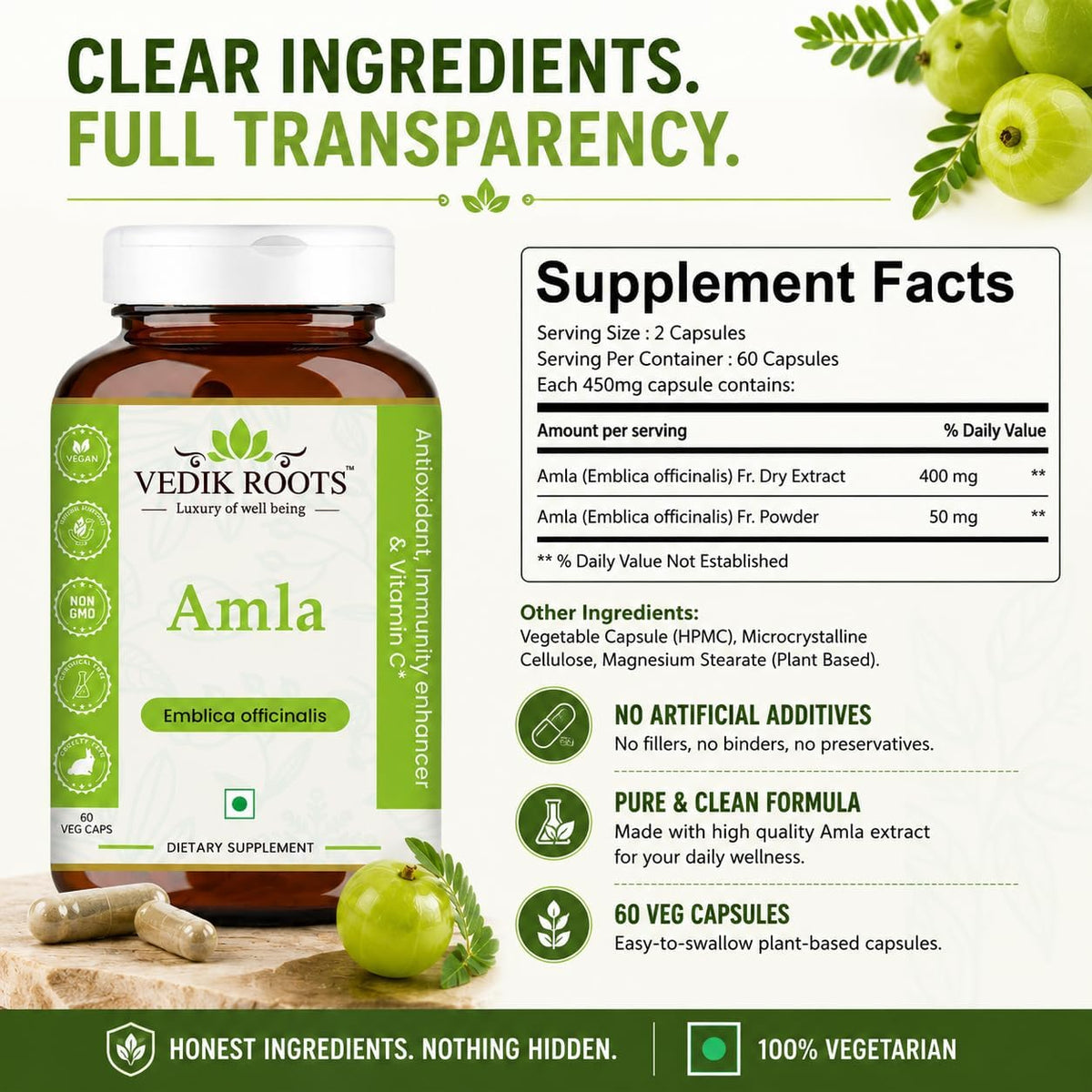 VEDIKROOTS Amla Capsules - 100% Organic Immunity Enhancer, Natural Vitamin C Supplement (60 Capsules) - görsel 4