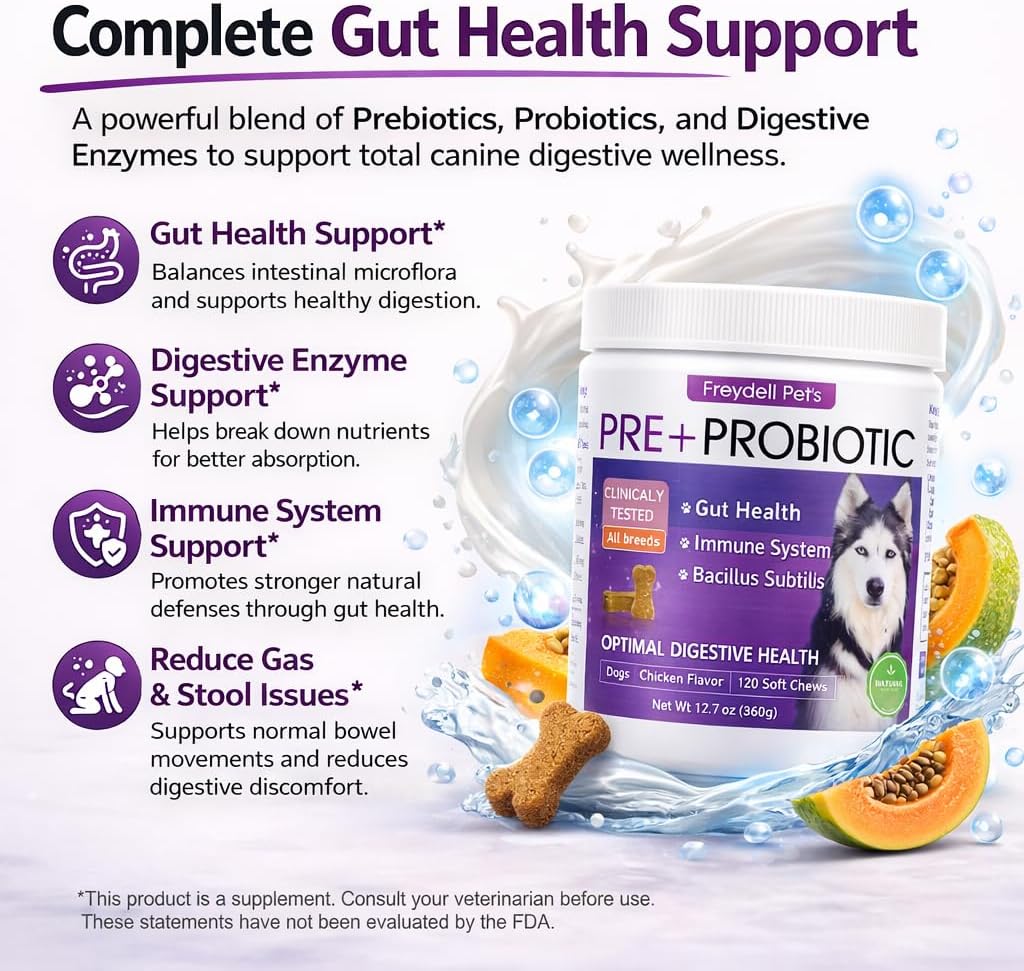 Freydell Pets Probiotics for Dogs – Digestive Enzymes, Prebiotics & Fibre Soft Chews – 120 Chews - görsel 4