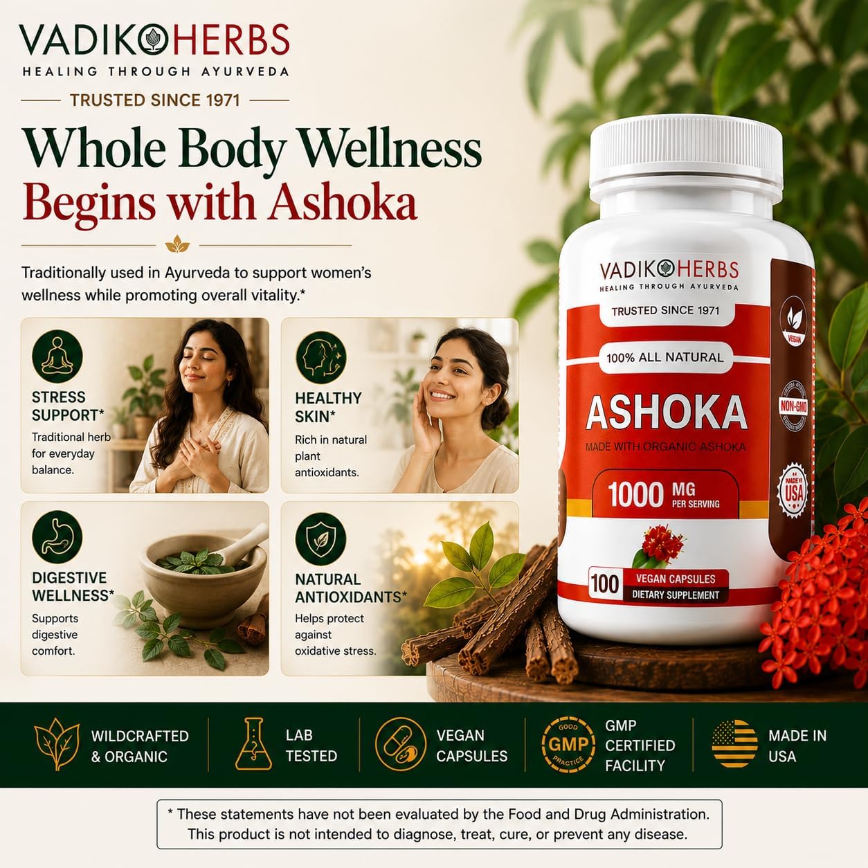 Vadik Herbs Ashoka Bark Capsules – Organic Saraca Indica, 1000mg – Women's Wellness & Hormonal Balance Support - görsel 8