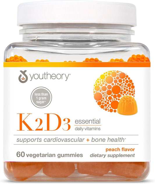 Youtheory K2D3 Gummies - Vitamin D3 & K2 Food Supplement for Bone, Heart & Immune Health - Plant-Based Ingredients - Sugar Free - Peach Flavour - 60 Gummies (60-Day Supply)