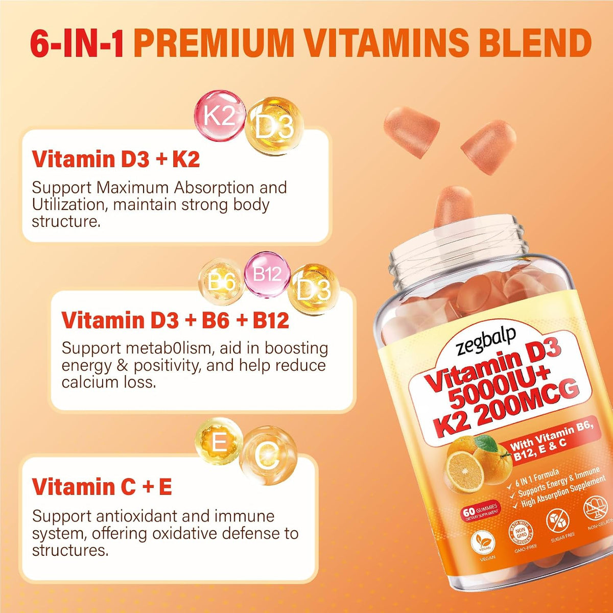 ZEGBALP Vitamin D3 & K2 Gummies - 5000 IU D3 + 200 mcg MK-7 - Sugar-free, Vegan, with B Complex, C & E - görsel 4