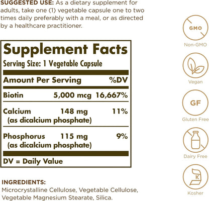 Solgar Biotin 5000 mcg - 100 Vegetable Capsules - Contributes to Normal Skin, Nails & Hair