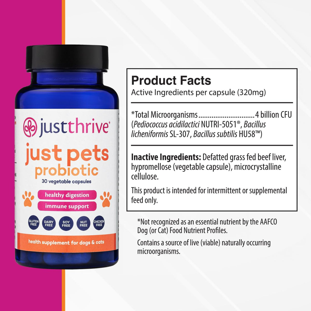 Just Thrive Just Pets Probiotic - Daily Digestive Probiotics for Dogs and Cats - 4 Billion CFUs, 30 Capsules - görsel 2