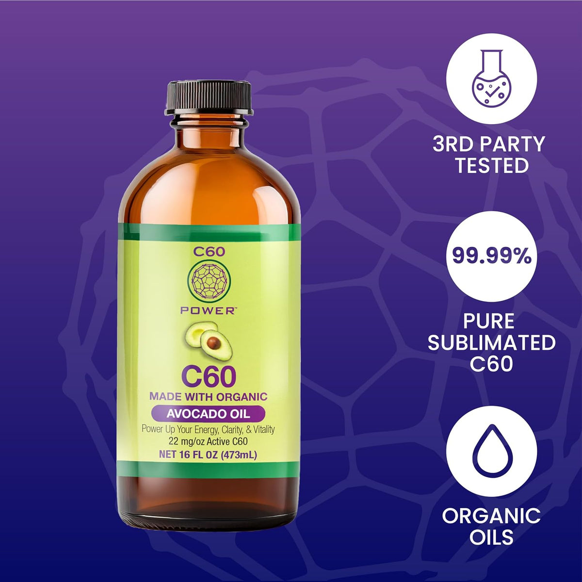 C60 Power in Organic Avocado Oil – 99.99% Pure Carbon Fullerenes, 473 ml - görsel 2