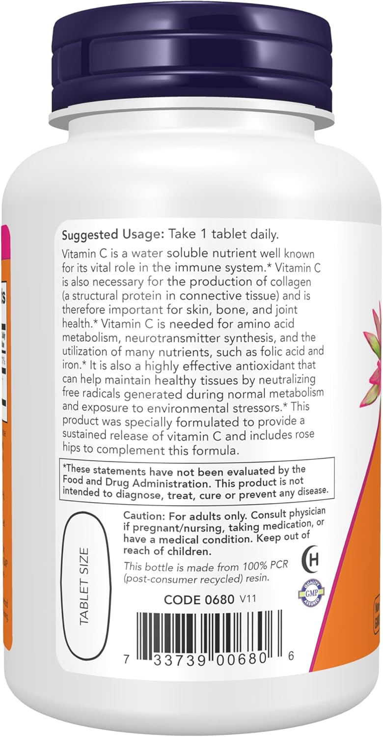 NOW Foods Vitamin C-1000 with Rose Hips, Sustained Release, 100 Tablets - görsel 3