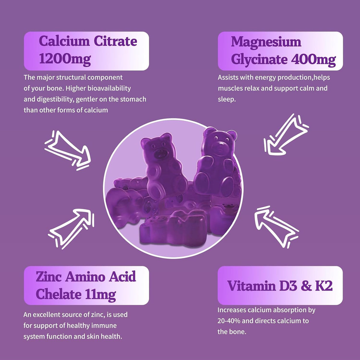 (120 Counts) Calcium Magnesium Zinc Gummies with Vitamin D3 & K2 - High Absorption Magnesium Glycinate - Sugar Free - Blueberry Flavoured - görsel 4