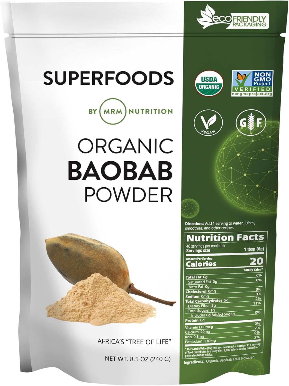 MRM Organic Baobab Powder - USDA Organic Baobab Fruit Powder Superfood with Fibre, Antioxidants & Vitamin C for Smoothies, Juices & Daily Nutrition - 40 Servings - görsel 1
