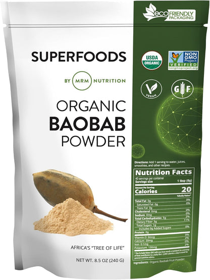 MRM Organic Baobab Powder - USDA Organic Baobab Fruit Powder Superfood with Fibre, Antioxidants & Vitamin C for Smoothies, Juices & Daily Nutrition - 40 Servings