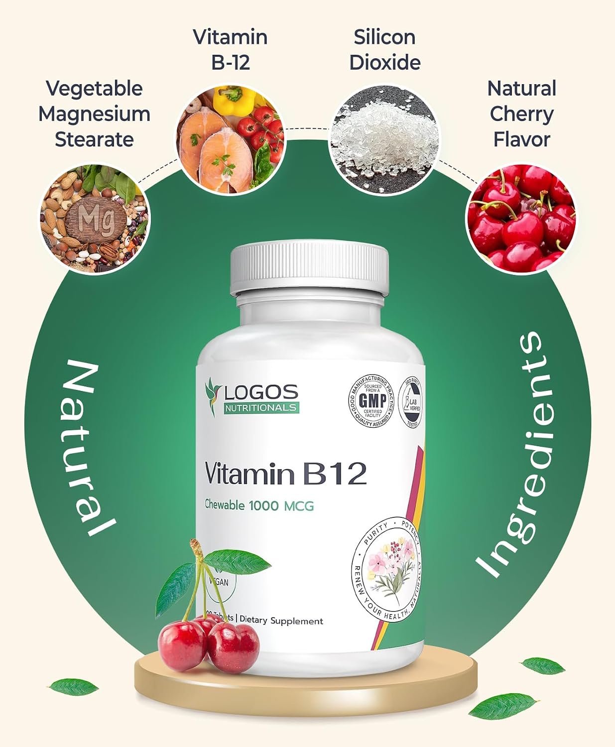 logos nutritionals Chewable Vitamin B12 1000 mcg - Methylcobalamin Supplement for Energy, Cognitive Function, Hair, Skin & Nails - Cherry Flavour - 100 Tablets - görsel 3