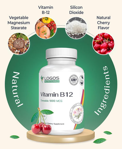 logos nutritionals Chewable Vitamin B12 1000 mcg - Methylcobalamin Supplement for Energy, Cognitive Function, Hair, Skin & Nails - Cherry Flavour - 100 Tablets