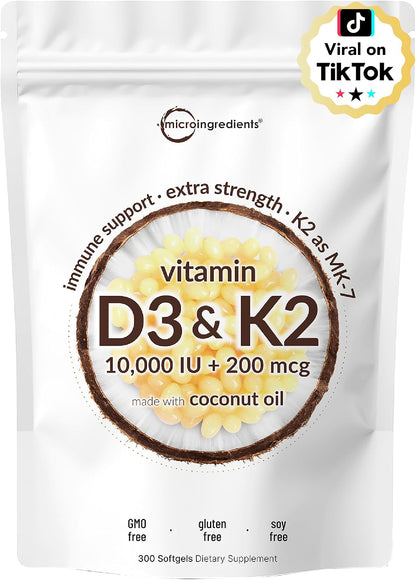 Micro Ingredients Vitamin D3 10,000 IU + K2 MK-7 200 µg, 300 Mini Soft gel capsules with MCT Coconut Oil - 2-in-1 Vitamins D & K Complex - Extra Strength, Non-GMO, Gluten-free