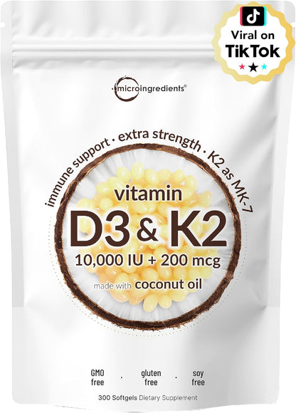 Micro Ingredients Vitamin D3 10,000 IU + K2 MK-7 200 mcg, 600 Soft gel capsules with Virgin Coconut Oil (Pack of 2)