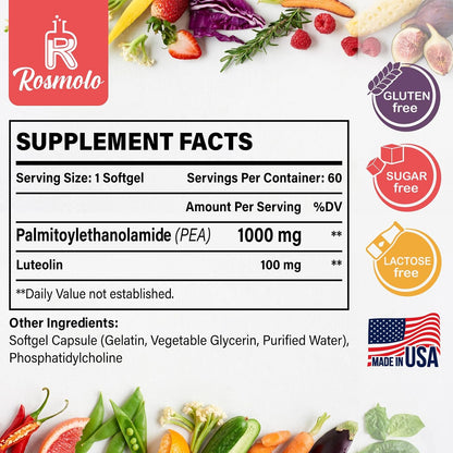 Liposomal Palmitoylethanolamide 1000 mg + Luteolin 100 mg, Micronised PEA 99% Highly Purified – Enhanced Absorption and Bioavailability, 120 Softgels