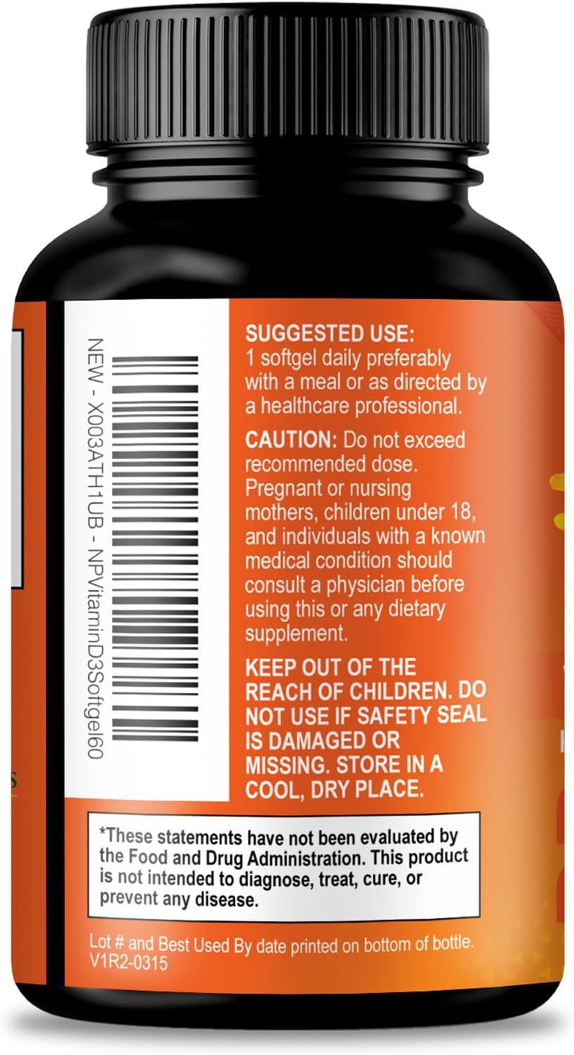 Vitamin D-3 5000 IU (125 mcg) Per Serving Softgels - Extra Strength Vitamin D Dietary Supplement for Bone, Teeth, Muscle Health & Immune Support, Rapid Absorption, Bottled in USA, Gluten-free - 60 Count - görsel 8