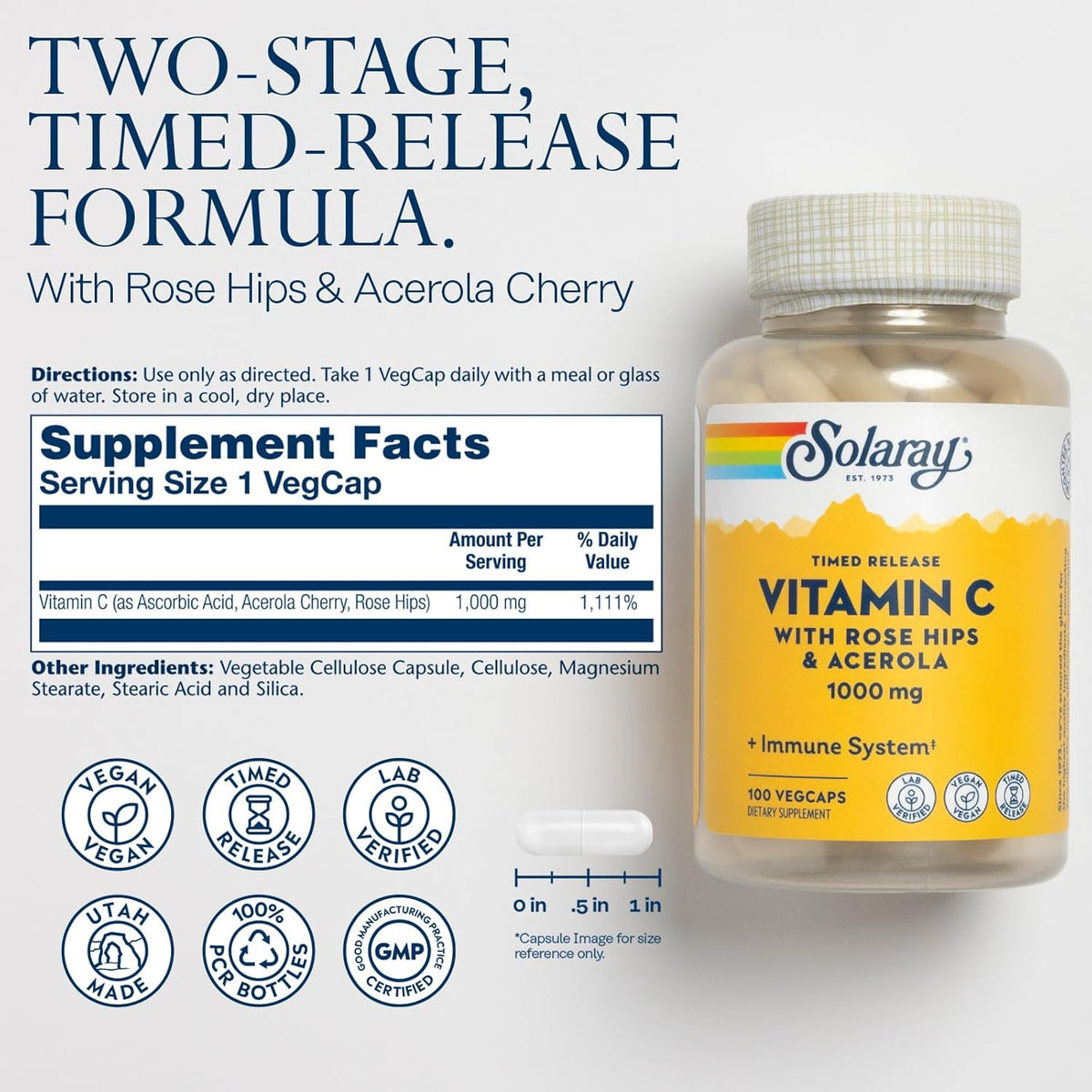 SOLARAY Vitamin C 1000mg Time Release Capsules with Rose Hips and Acerola - görsel 2
