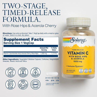 SOLARAY Vitamin C 1000mg Time Release Capsules with Rose Hips and Acerola