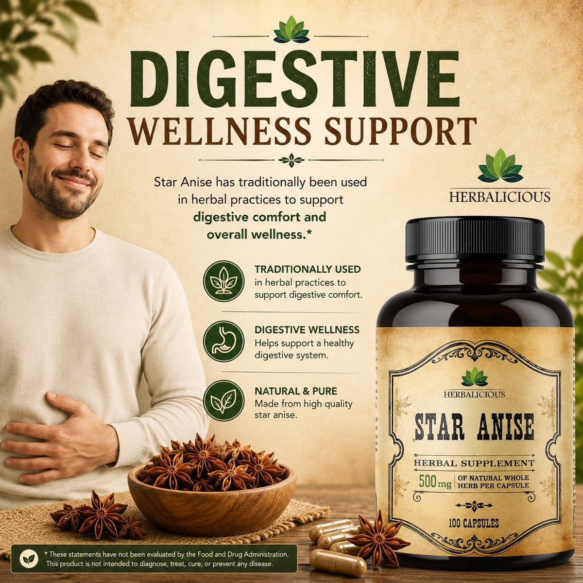 HERBALICIOUS Organic Star Anise Supplement – 100 Capsules – 1000mg - görsel 3