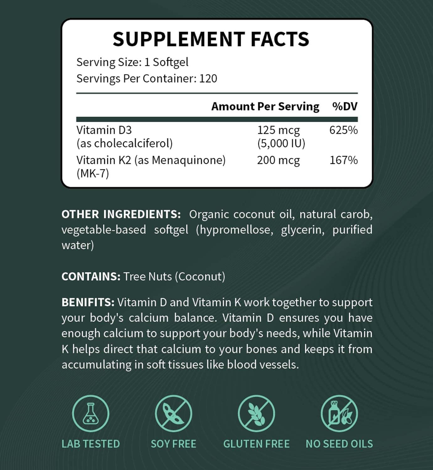Good Friends Health - Vitamin D3 5000 IU + Vitamin K2 200 mcg - Bone and Immune Support - Organic Coconut Oil - 120 Soft gel capsules - görsel 3