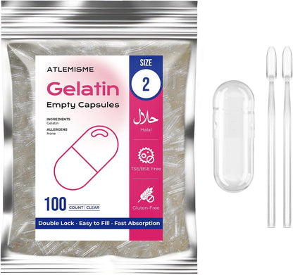ATLEMISME Empty Gelatin Capsules Size 2 (1000 Count) with 2 Micro Lab Spoons