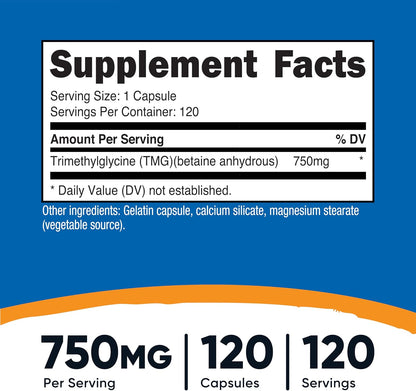 Nutricost TMG (Trimethylglycine) 750mg, 120 Capsules