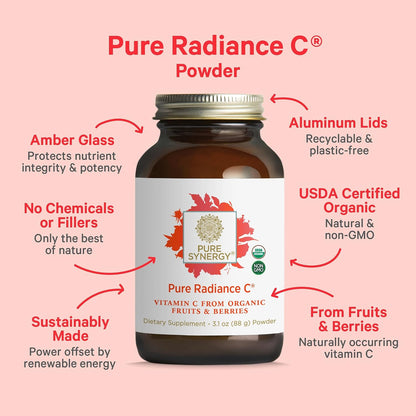 Pure Synergy Pure Radiance C | Organic Vitamin C Powder | 100% Natural, Whole Food, Non-GMO Supplement with Organic Camu Camu | for Immune Health & Collagen Support (88g Powder)