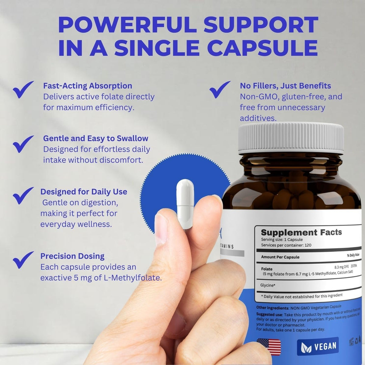 L-Methylfolate 5 mg - 120 Capsules - Active Folate Supplement - görsel 6