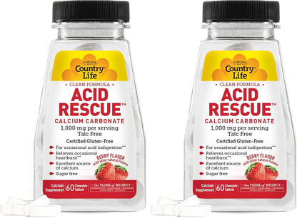 Country Life Acid Rescue On-the-Go Chewable Tablets - Vegan & Gluten-free Heartburn Relief, 400mg Calcium & Magnesium, Non-GMO, Sugar-Free Berry Flavour, 8 Pack