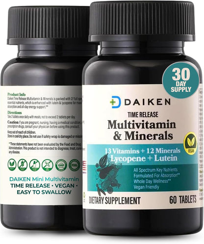 DAIKEN Mini Multivitamin, 60 Tablets, Time Released with Lutein, Lycopene & Folic Acid, Vegan & Easy to Swallow