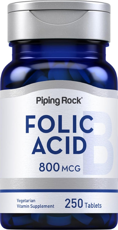 Piping Rock Folic Acid Supplement for Women and Men, 800 mcg, 250 Tablets, Maximum Strength Folate, Vegetarian, Non-GM, Gluten-free