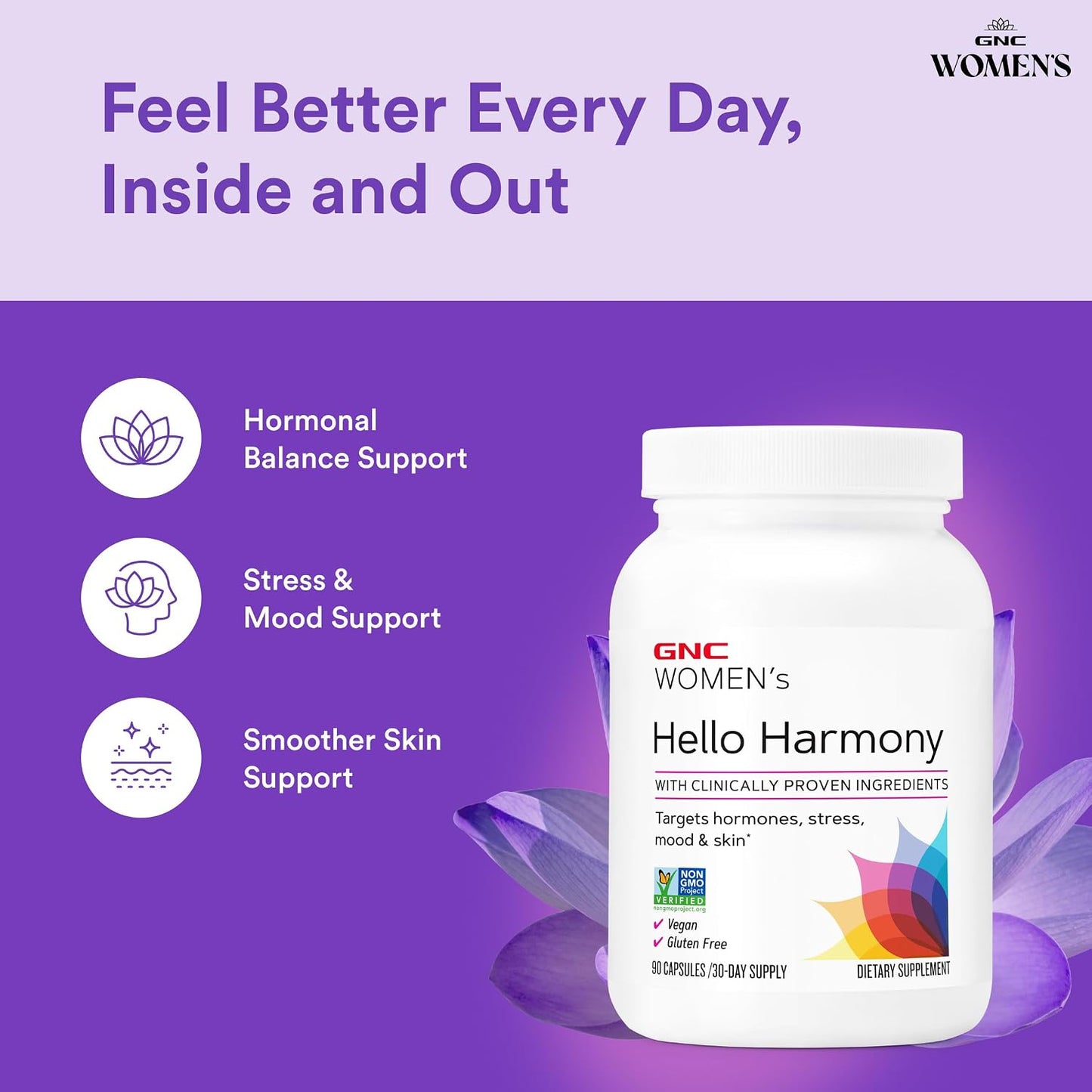 GNC Women's Hello Harmony – Hormonal Support Supplement for Mood, Skin and Stress Management (90 Capsules) - görsel 3