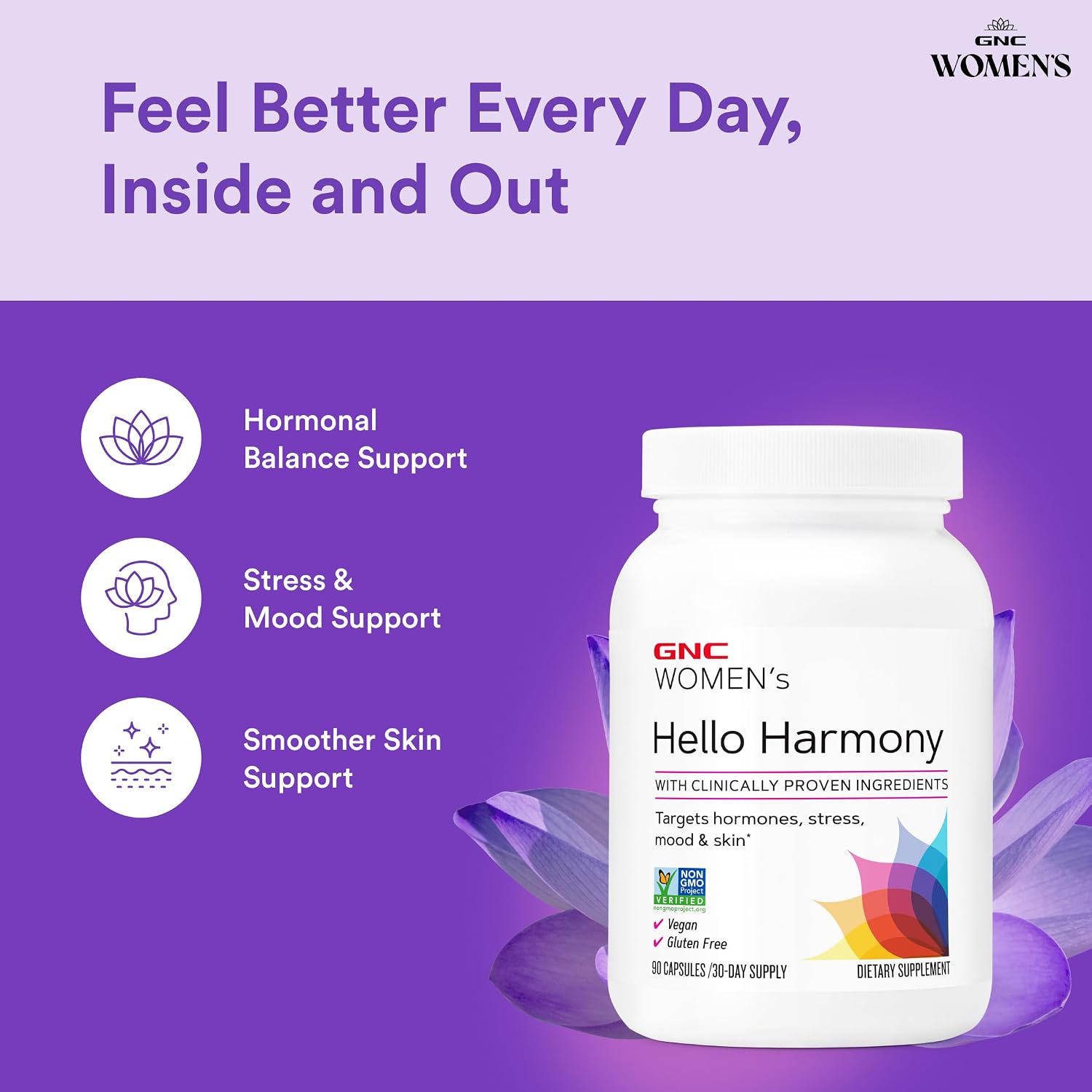 GNC Women's Hello Harmony – Hormonal Support Supplement for Mood, Skin and Stress Management (90 Capsules) - görsel 3