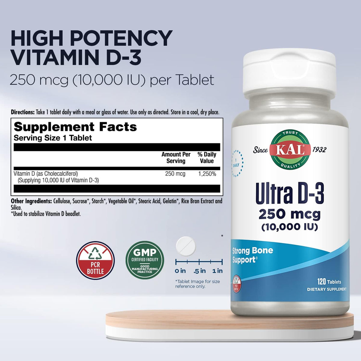KAL Ultra Vitamin D3 10,000 IU (250 µg) - High Potency Vitamin D Tablets, Bone Health & Immune Support, 120 Rapid Disintegration ActivTabs - görsel 3
