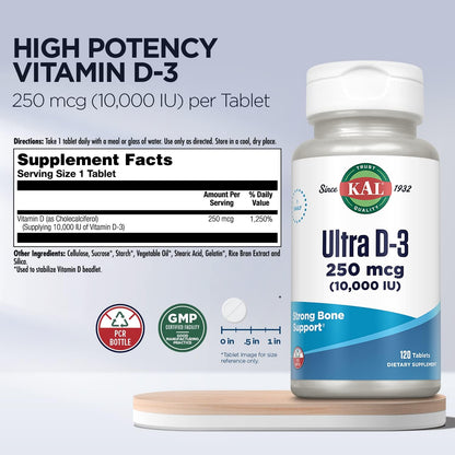 KAL Ultra Vitamin D3 10,000 IU (250 µg) - High Potency Vitamin D Tablets, Bone Health & Immune Support, 120 Rapid Disintegration ActivTabs