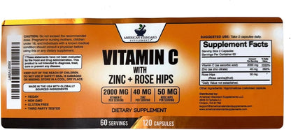 American Standard Supplements Vitamin C 2000mg, Zinc 40mg, and Rose Hips 50mg Per Serving, 120 Capsules