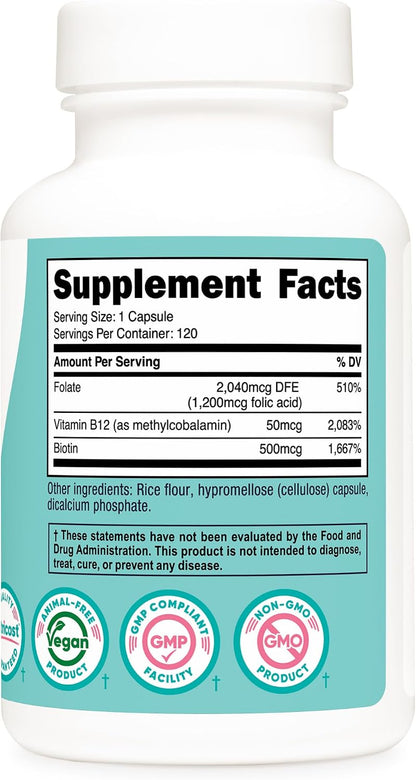 Nutricost Folic Acid (Vitamin B9) 1200 mcg with B12 and Biotin - 120 Vegetarian Capsules - Non-GMO & Gluten-free