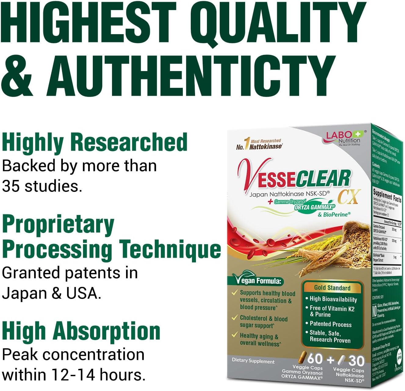 LABO Nutrition VesseCLEAR CX Nattokinase NSK-SD with Gamma Oryzanol — Daily Supplement for Healthy Blood Circulation and Cardiovascular Support — 90 Vegan DRcaps - görsel 5