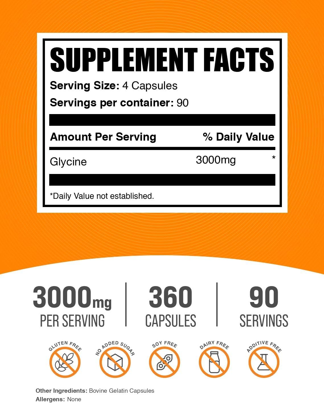 BulkSupplements.com Glycine Capsules - Amino Acid Supplement, 3000mg - Gluten-Free, 4 Capsules per Serving, 360 Count (Pack of 1) - görsel 2