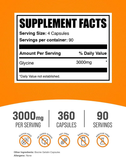 BulkSupplements.com Glycine Capsules - Amino Acid Supplement, 3000mg - Gluten-Free, 4 Capsules per Serving, 360 Count (Pack of 1)