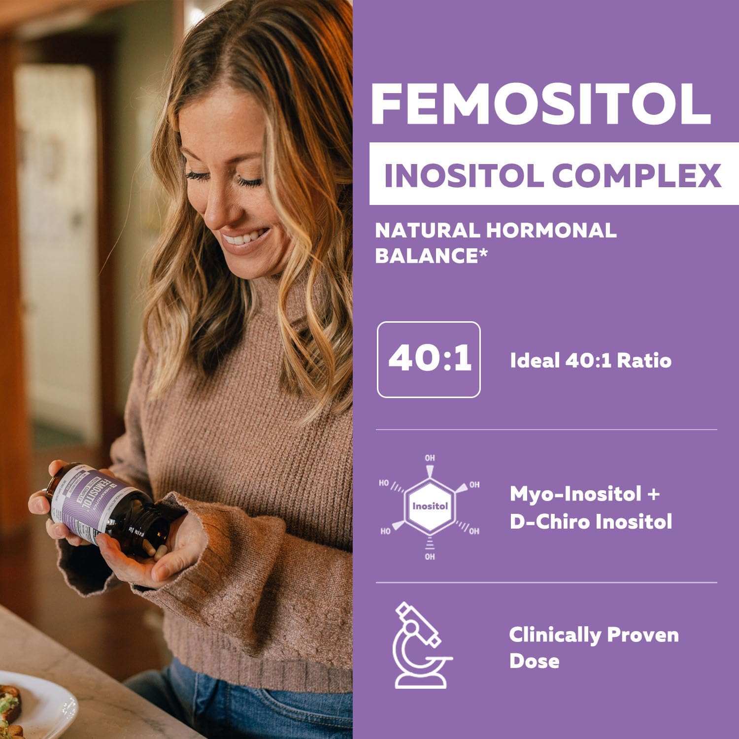 Femositol® Myo-Inositol & D-Chiro Inositol Complex Food Supplement – Clinically Validated 40:1 Ratio (Vitamin B8) | Contributes to Normal Fertility and Hormonal Balance (90 Capsules – 30 Servings) - görsel 2