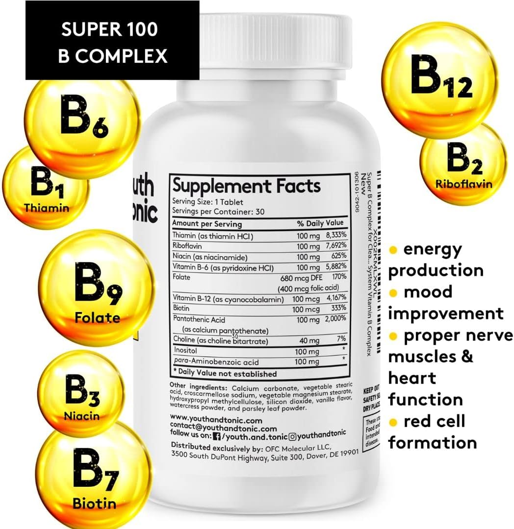 Youth & Tonic Super B Complex 100 – Stress B Complex with PABA, Choline & Inositol | 30 Tablets - görsel 6