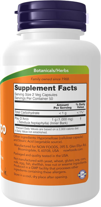 NOW Foods Pau d'Arco (Tabebuia heptaphylla) 500 mg Herbal Support - 100 Vegetable Capsules