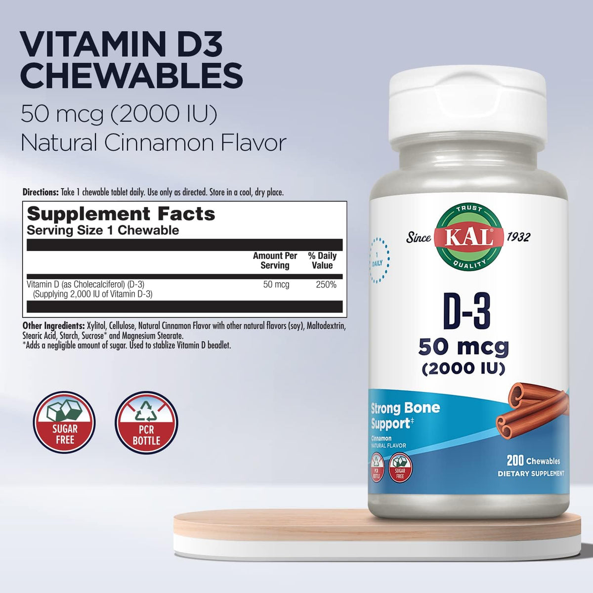 KAL Vitamin D3 Chewables - 2000 IU (50 mcg) - Sugar Free Natural Cinnamon Flavour - 200 Chewable Tablets - görsel 3