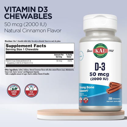KAL Vitamin D3 Chewables - 2000 IU (50 mcg) - Sugar Free Natural Cinnamon Flavour - 200 Chewable Tablets